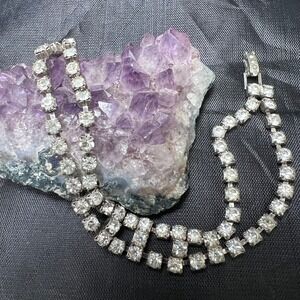 Vtg Rhinestone Bracelet Silver Tone Two Row Sparkling‎ Bridal Formal Prom Glam